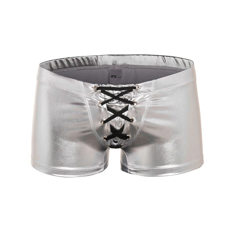 PANTEAZY Men’s Metallic Silver color Boxer Trunks with Lace-Up Front – Bold, Sexy & Stylish Underwear