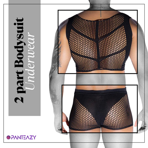 Panteazy's Mesh 2 part Bodysuit for Men Black Free Size See Through Men Lingerie Holiday Honeymoon Gift for men