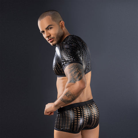 Panteazy "Vortex" Mesh Faux Leather Crop Set – Bold Black Edition