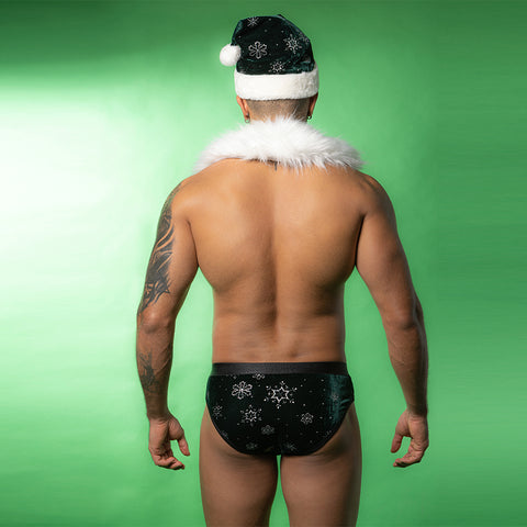 Panteazy Men's Holiday Costume Set with Faux Fur Collar, Suspenders, and Santa Hat – Festive Snowflake Design