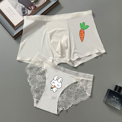 Panteazy's White Printed Couple Lingerie Soft Silky Handfeel- Brief & Panty (*Choose Men & Women sizes SEPERATELY- WEBSITE's PRICE IS NOT OF A PAIR) Gift for Girlfriend & Boyfriend