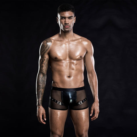 Full body front pose transparent mesh boxer