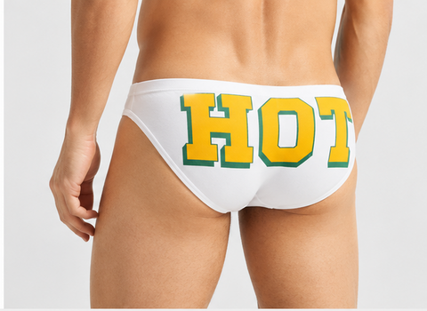 Men’s Novelty Bikini Briefs - White with Yellow 'HOT' Lettering
