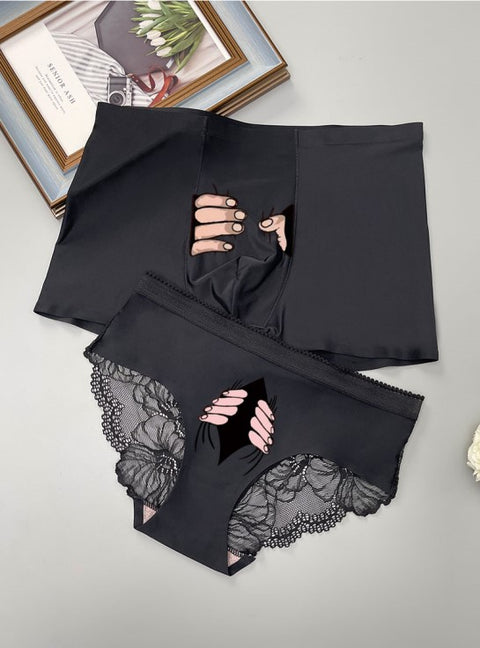 Panteazy's Black Printed Couple Lingerie Soft Silky Handfeel- Brief & Panty (*Choose Men & Women sizes SEPERATELY- WEBSITE's PRICE IS NOT OF A PAIR) Gift for Girlfriend & Boyfriend