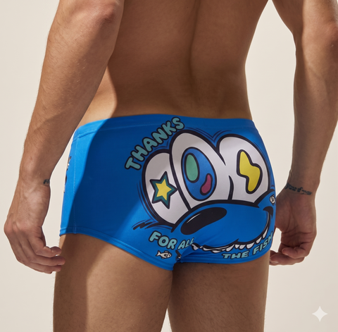 Men's Cartoon Monster Print Swim Trunks - Blue Boxer Briefs Swimwear