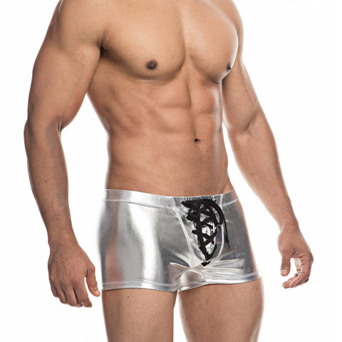 PANTEAZY Men’s Metallic Silver color Boxer Trunks with Lace-Up Front – Bold, Sexy & Stylish Underwear