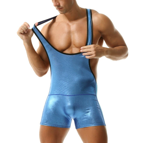 Panteazy Men’s Shiny Stretch Bodysuit – Bold Sleeveless Singlet
