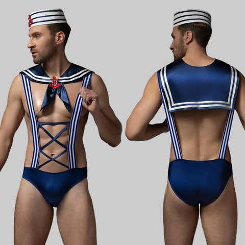 Men's Sexy Sailor Costume – Navy Blue Striped Bodysuit with Cap, Collar & Cross-Strap Detail