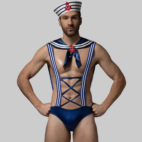 Men's Sexy Sailor Costume – Navy Blue Striped Bodysuit with Cap, Collar & Cross-Strap Detail