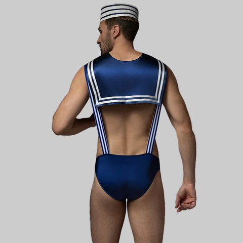 Men's Sexy Sailor Costume – Navy Blue Striped Bodysuit with Cap, Collar & Cross-Strap Detail