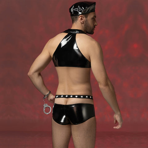 Men's Sexy Police Costume – Black Wet-Look Harness Vest with Star-Print Boxer Briefs & Handcuffs