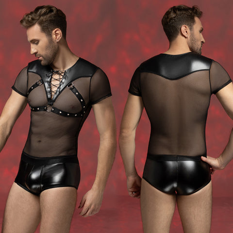 Men's Sexy Mesh Bodysuit – Black Sheer Fishnet Top with Lace-Up Wet-Look Harness & Briefs