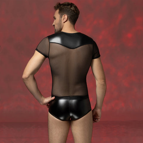 Men's Sexy Mesh Bodysuit – Black Sheer Fishnet Top with Lace-Up Wet-Look Harness & Briefs
