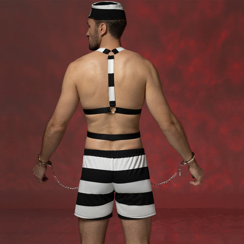 Men's Sexy Prisoner Costume Set – Striped Cap, Chain Harness & Shorts