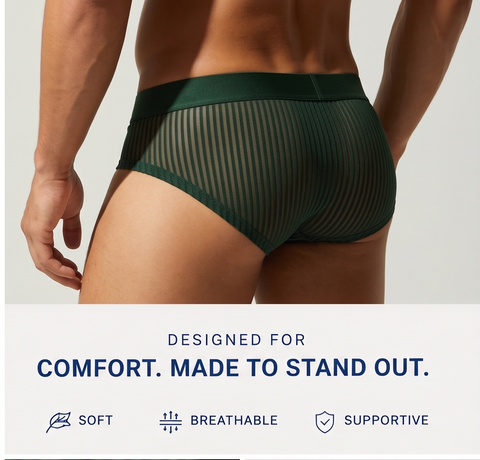 Men's Sheer Mesh Briefs - Dark Green Ribbed Low Rise Underwear