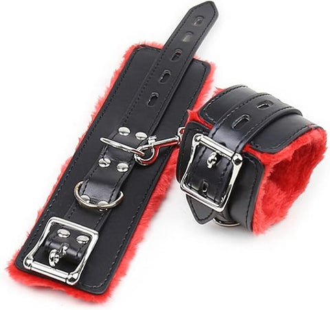 Luxury Leather Wrist Cuffs with Plush Fur Lining and Adjustable Buckle