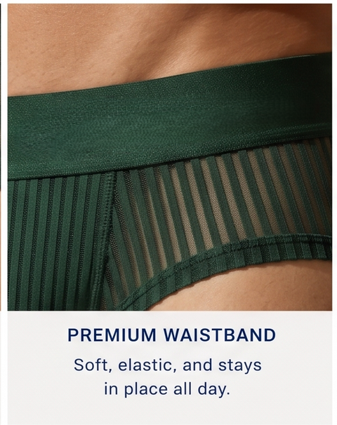 Men's Sheer Mesh Briefs - Dark Green Ribbed Low Rise Underwear
