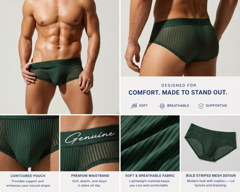 Men's Sheer Mesh Briefs - Dark Green Ribbed Low Rise Underwear