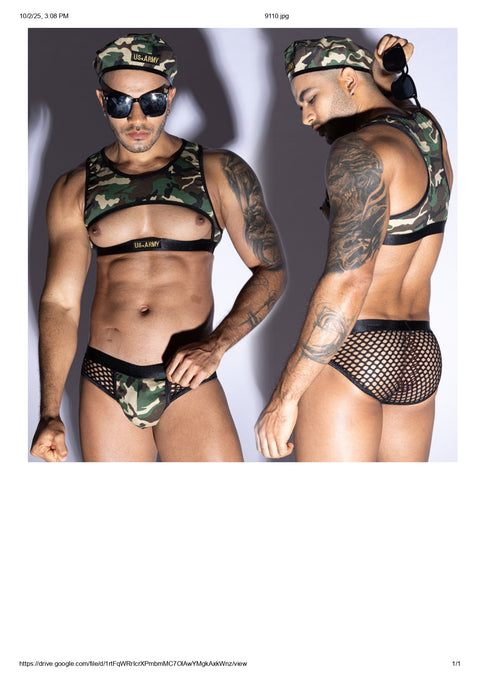Panteazy Men’s Camouflage Mesh Brief Set – Sexy Military-Inspired Underwear with Net Back & Crop Top