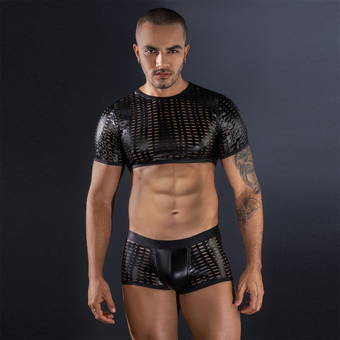 Panteazy "Vortex" Mesh Faux Leather Crop Set – Bold Black Edition