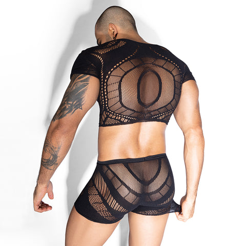 Panteazy Men's Knitted Mesh 2-Piece Set – Geometric Crop Top and Boxer Briefs | Stretch Polyester Blend