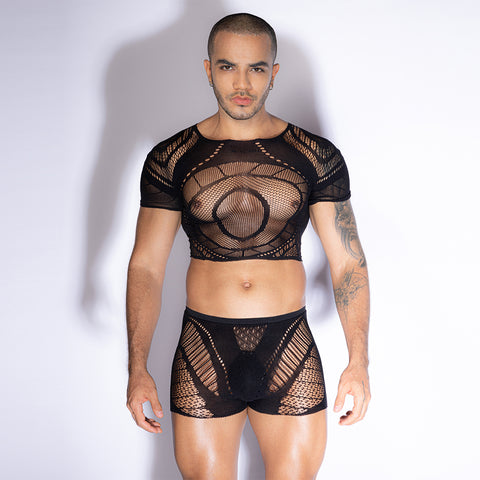 Panteazy Men's Knitted Mesh 2-Piece Set – Geometric Crop Top and Boxer Briefs | Stretch Polyester Blend