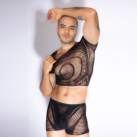 Panteazy Men's Knitted Mesh 2-Piece Set – Geometric Crop Top and Boxer Briefs | Stretch Polyester Blend