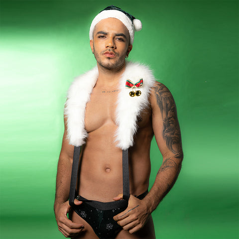 Panteazy Men's Holiday Costume Set with Faux Fur Collar, Suspenders, and Santa Hat – Festive Snowflake Design