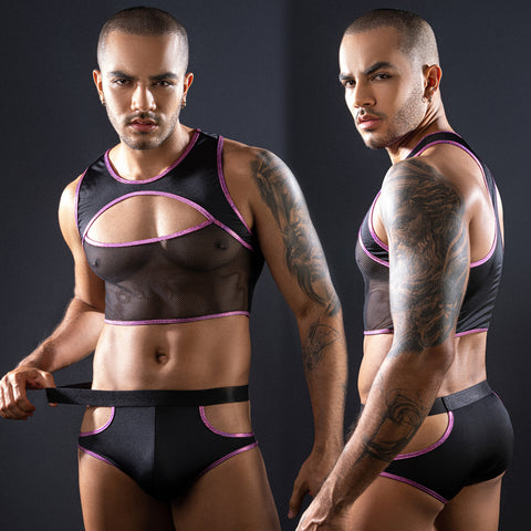 Men's Sexy Mesh Cutout Crop Top & Brief Set – Black with Purple Trim Lingerie Set