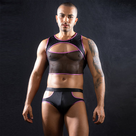 Men's Sexy Mesh Cutout Crop Top & Brief Set – Black with Purple Trim Lingerie Set
