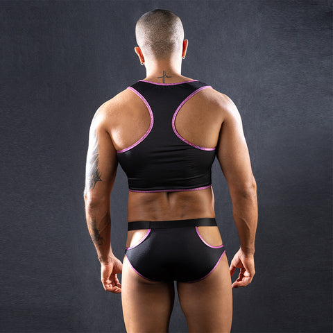 Men's Sexy Mesh Cutout Crop Top & Brief Set – Black with Purple Trim Lingerie Set