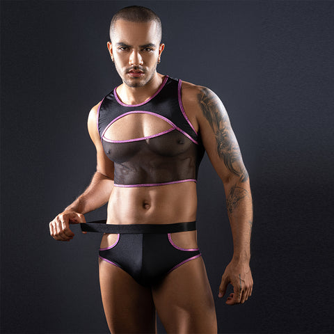 Men's Sexy Mesh Cutout Crop Top & Brief Set – Black with Purple Trim Lingerie Set