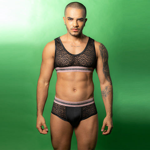 Men's Sexy Leopard Print Mesh Tank & Brief Set – Black Sheer Lingerie with Glitter Trim