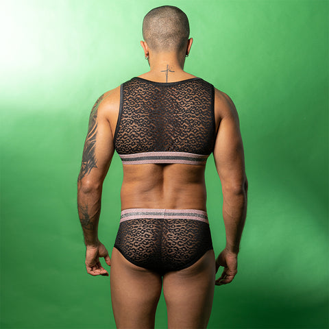 Men's Sexy Leopard Print Mesh Tank & Brief Set – Black Sheer Lingerie with Glitter Trim