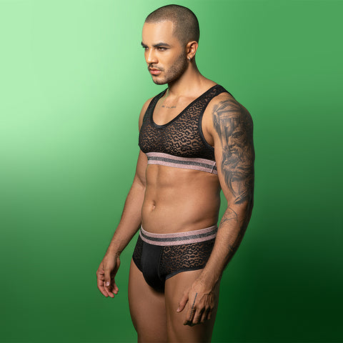 Men's Sexy Leopard Print Mesh Tank & Brief Set – Black Sheer Lingerie with Glitter Trim