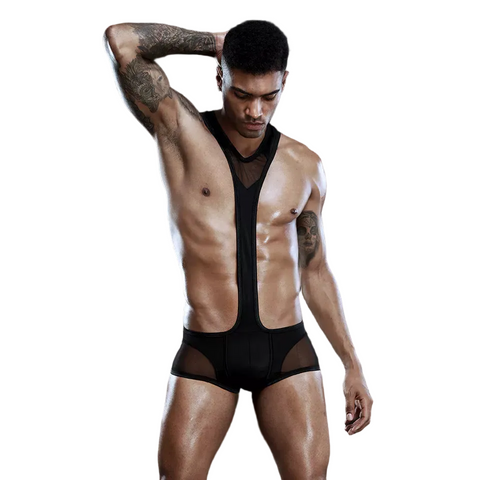 Men's Black Semi mesh Poly spandex net bodysuit