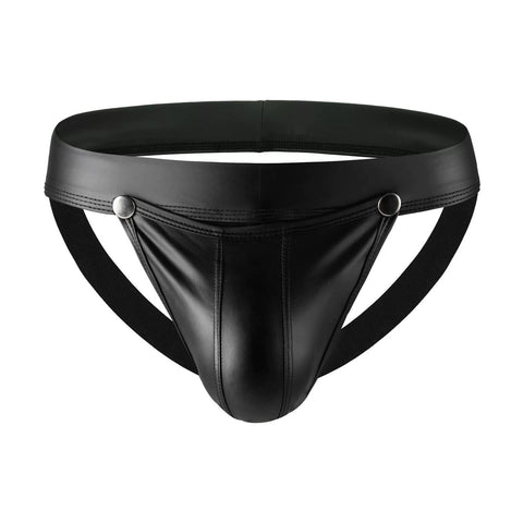 Panteazy's Men's Black Leatherite Fashion Jockstrap Underwear-Riveted Front Open Design