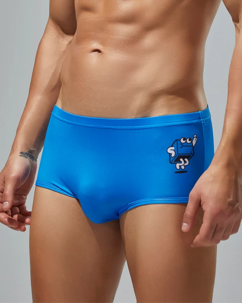 Men's Cartoon Monster Print Swim Trunks - Blue Swimwear
