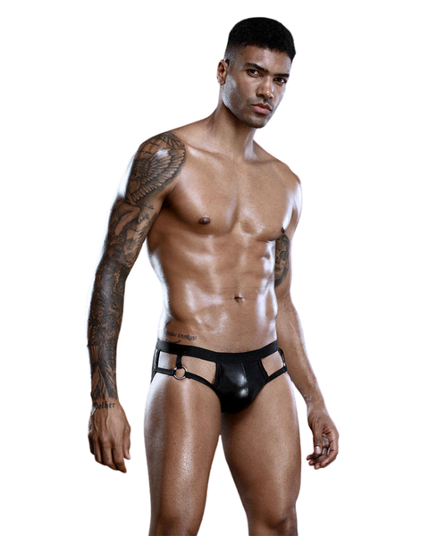 Panteazy Men's Black Faux Leather Jockstrap | Metallic Accent & Open Back