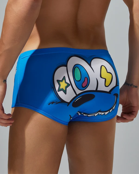 Men's Cartoon Monster Print Swim Trunks - Blue Swimwear