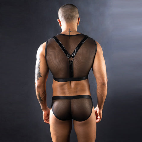Men's Black Sheer Mesh Harness Bodysuit with Buckle Detail – Fetish-Inspired Intimate Wear