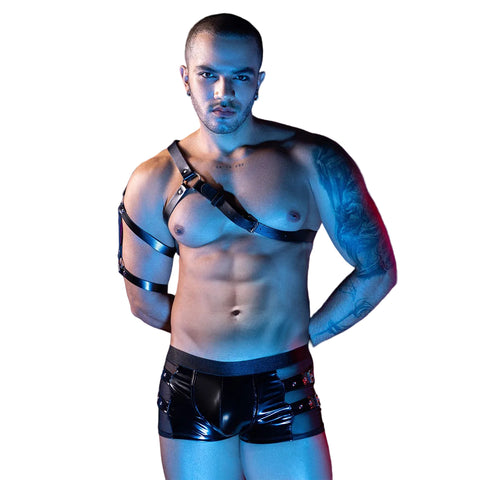 Men's Black Leatherette Harness Boxer Briefs – Bold Fetish-Inspired Intimate Wear