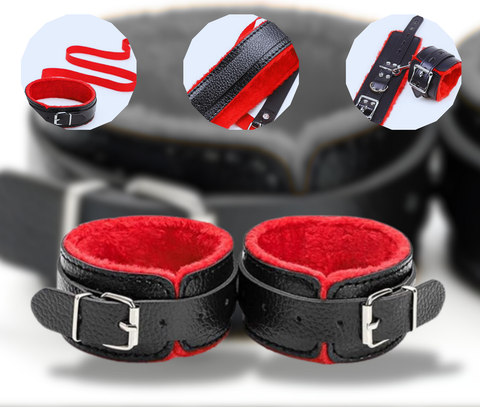 Luxury Leather Wrist Cuffs with Plush Fur Lining and Adjustable Buckle