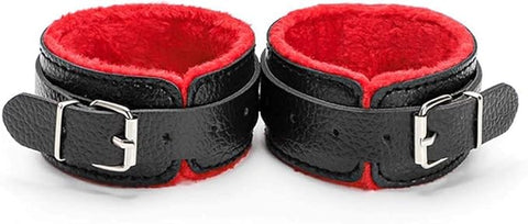 Luxury Leather Wrist Cuffs with Plush Fur Lining and Adjustable Buckle