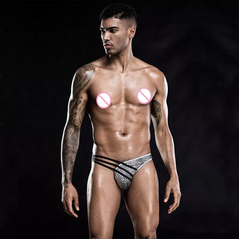 Panteazy's Men's Black Stripe Silver Print Brief Sexy Frenchie Underwear
