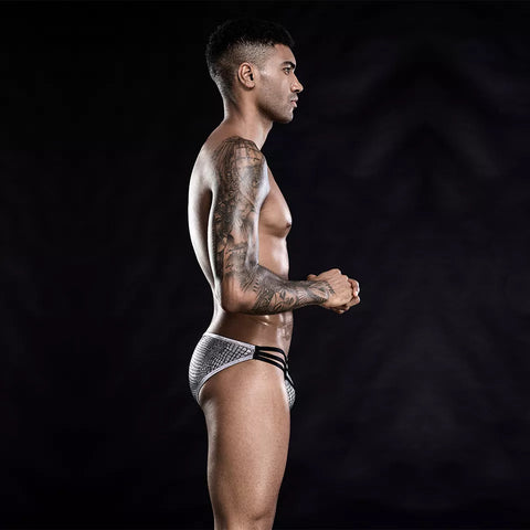 Panteazy's Men's Black Stripe Silver Print Brief Sexy Frenchie Underwear